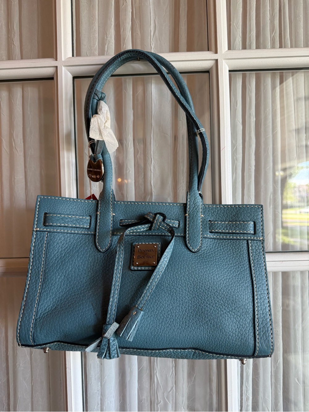 Dooney & Bourke Aegean Blue Pebble Grain Leather Mini Tassel Tote w/hang tag